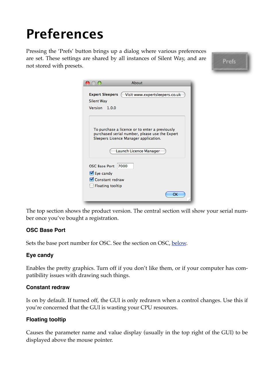 Preferences, Osc base port, Eye candy | Constant redraw, Floating tooltip | Expert Sleepers Silent Way v1.7.3 User Manual | Page 59 / 72