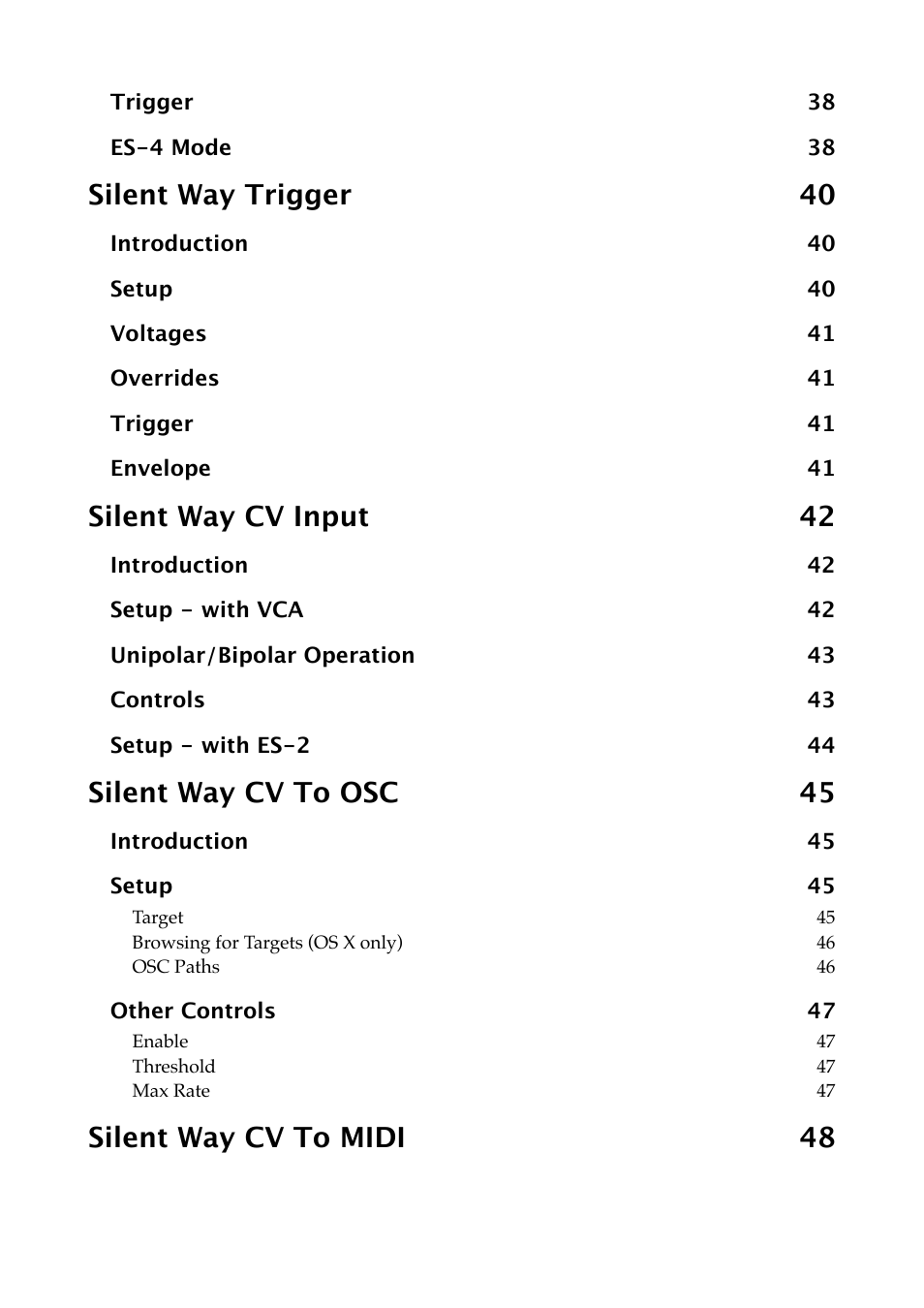 Silent way trigger 40, Silent way cv input 42, Silent way cv to osc 45 | Silent way cv to midi 48 | Expert Sleepers Silent Way v1.7.3 User Manual | Page 6 / 72