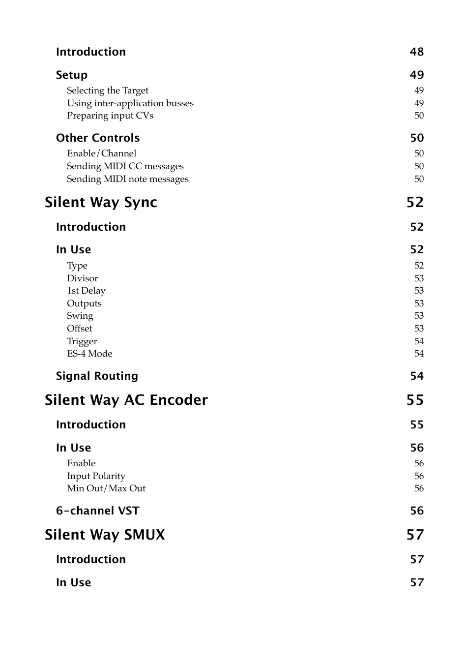 Silent way sync 52, Silent way ac encoder 55, Silent way smux 57 | Expert Sleepers Silent Way v1.7.3 User Manual | Page 7 / 72