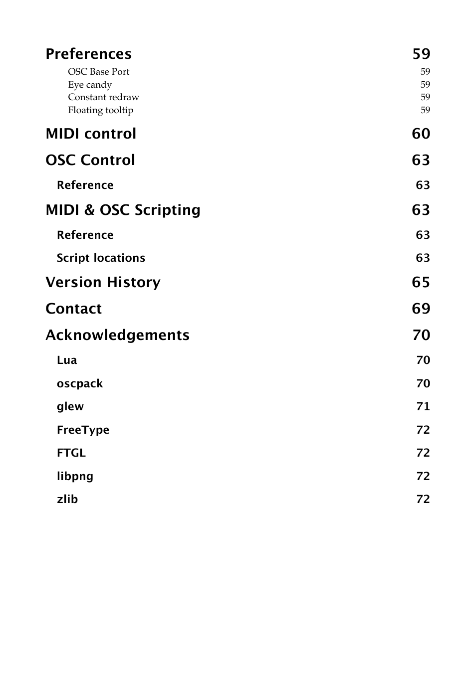 Preferences 59, Midi control 60 osc control 63, Midi & osc scripting 63 | Expert Sleepers Silent Way v1.7.3 User Manual | Page 8 / 72