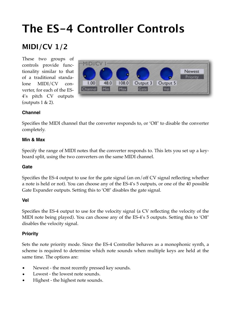 The es-4 controller controls, Midi/cv 1/2, Channel | Min & max, Gate, Priority | Expert Sleepers Silent Way ES-4 Controller v1.7.2 User Manual | Page 10 / 22