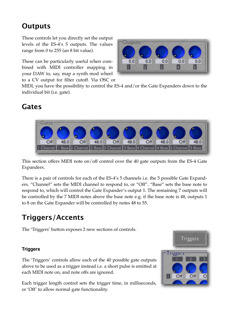 Outputs, Gates, Triggers/accents | Triggers | Expert Sleepers Silent Way ES-4 Controller v1.7.2 User Manual | Page 11 / 22