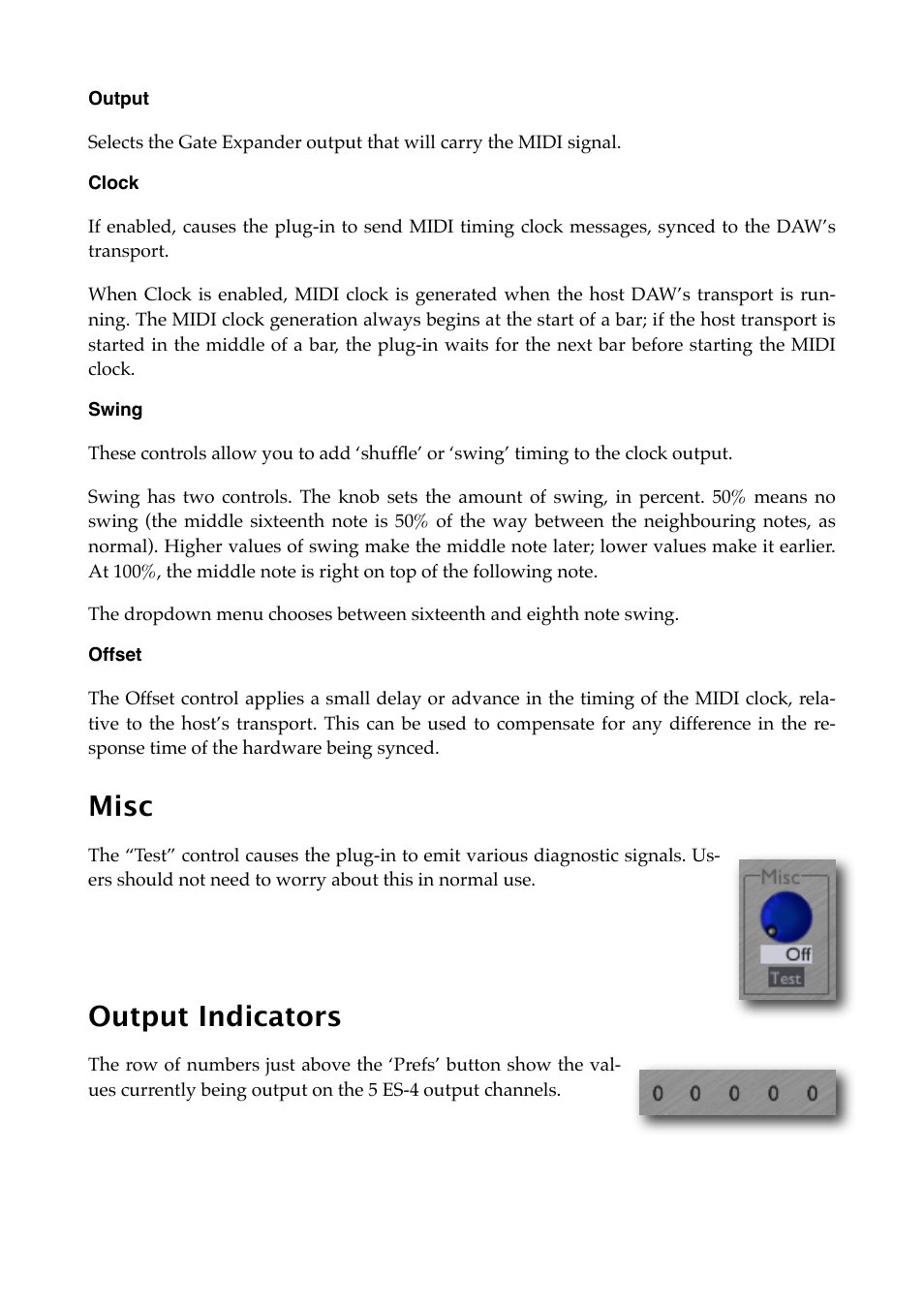 Output, Clock, Swing | Offset, Misc, Output indicators | Expert Sleepers Silent Way ES-4 Controller v1.7.2 User Manual | Page 13 / 22