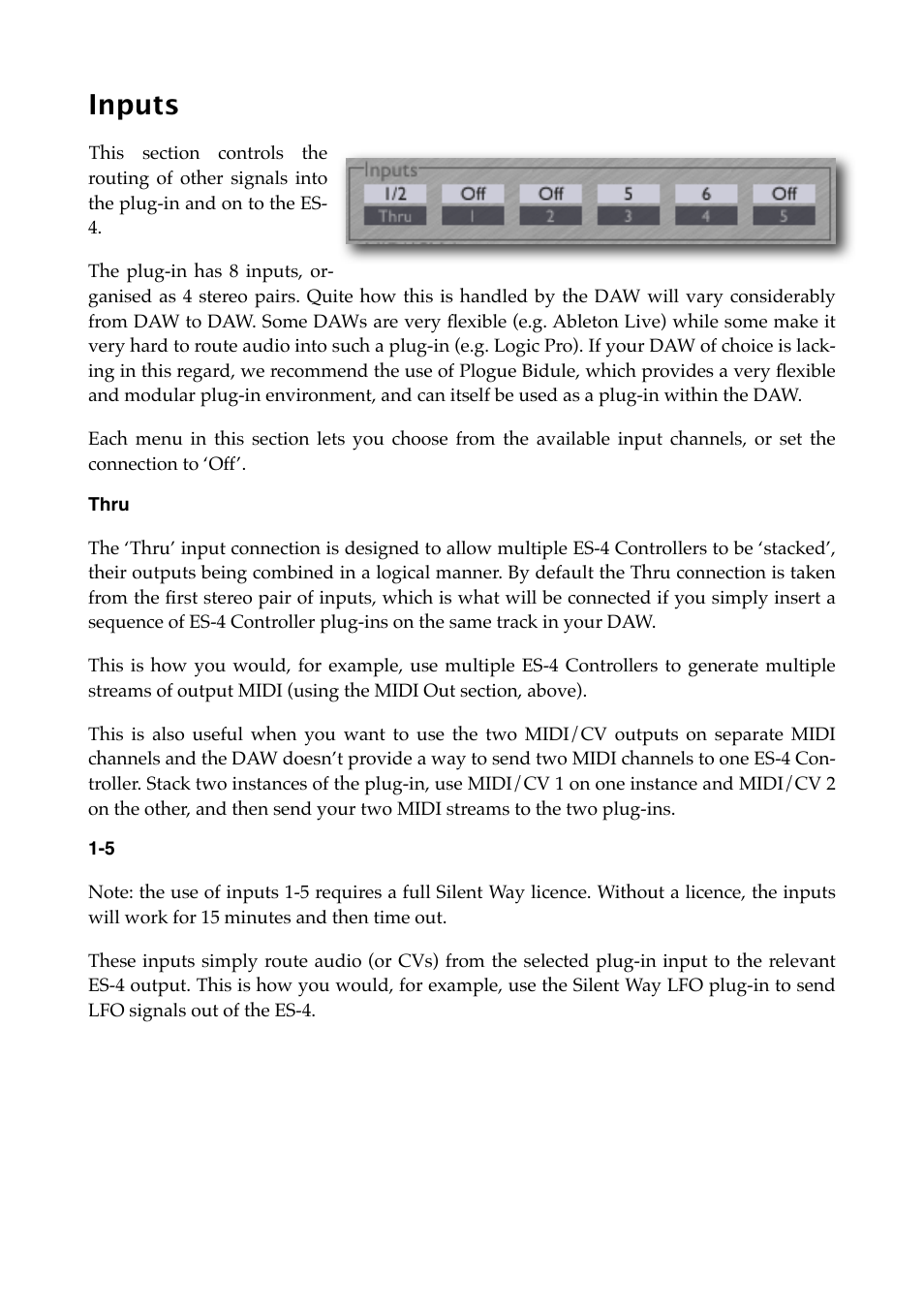 Inputs, Thru | Expert Sleepers Silent Way ES-4 Controller v1.7.2 User Manual | Page 14 / 22