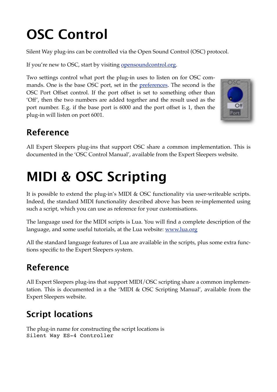 Osc control, Reference, Midi & osc scripting | Script locations | Expert Sleepers Silent Way ES-4 Controller v1.7.2 User Manual | Page 17 / 22