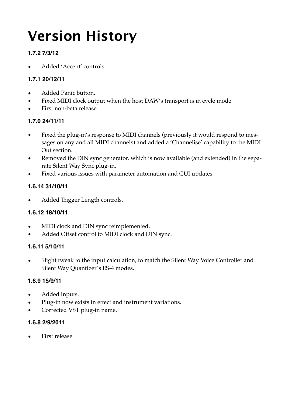 Version history | Expert Sleepers Silent Way ES-4 Controller v1.7.2 User Manual | Page 18 / 22