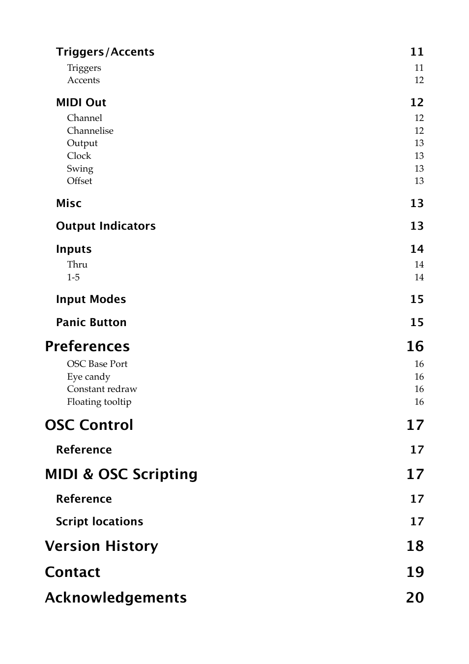 Preferences 16, Osc control 17, Midi & osc scripting 17 | Expert Sleepers Silent Way ES-4 Controller v1.7.2 User Manual | Page 4 / 22