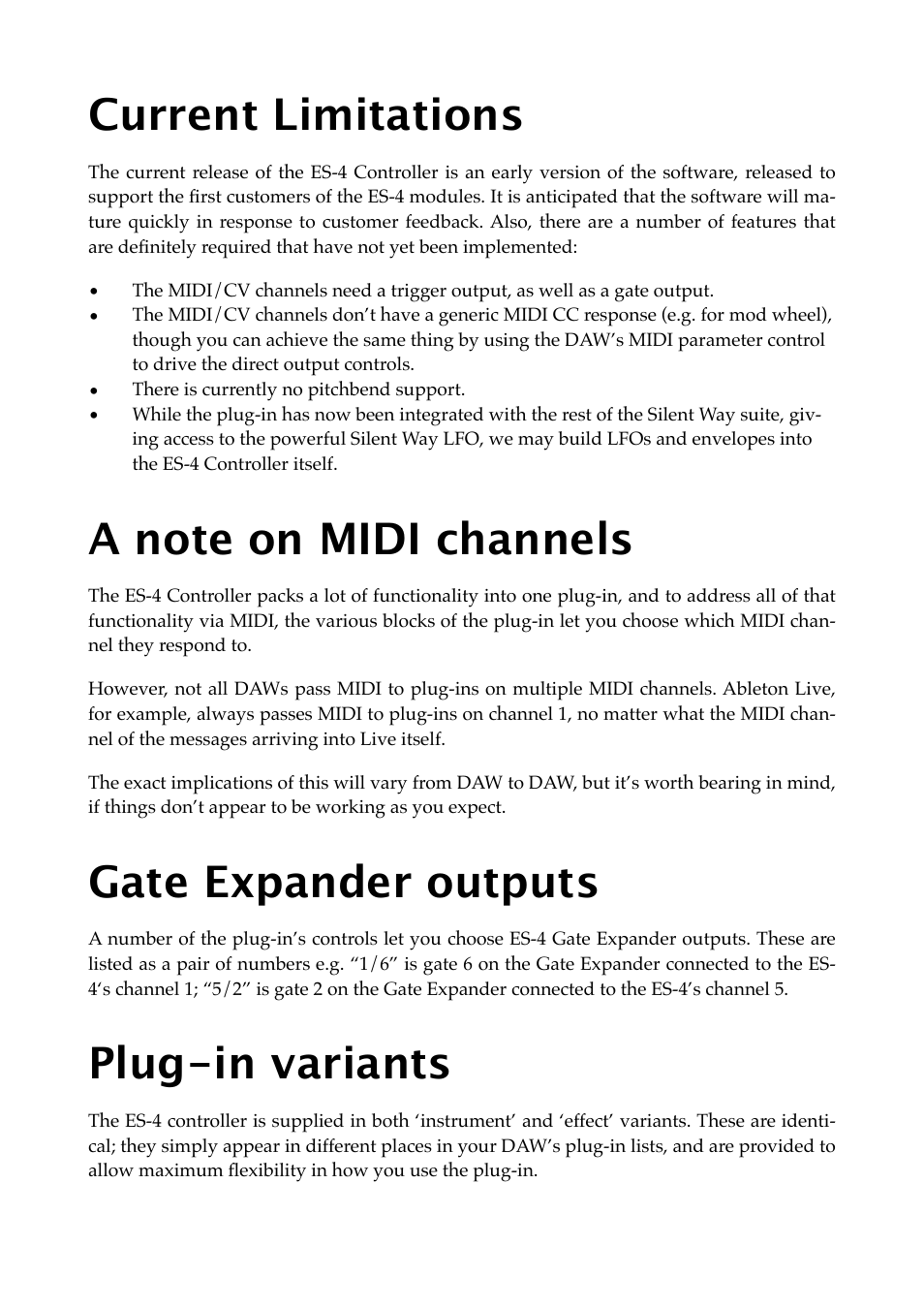 Current limitations, A note on midi channels, Gate expander outputs | Plug-in variants | Expert Sleepers Silent Way ES-4 Controller v1.7.2 User Manual | Page 7 / 22