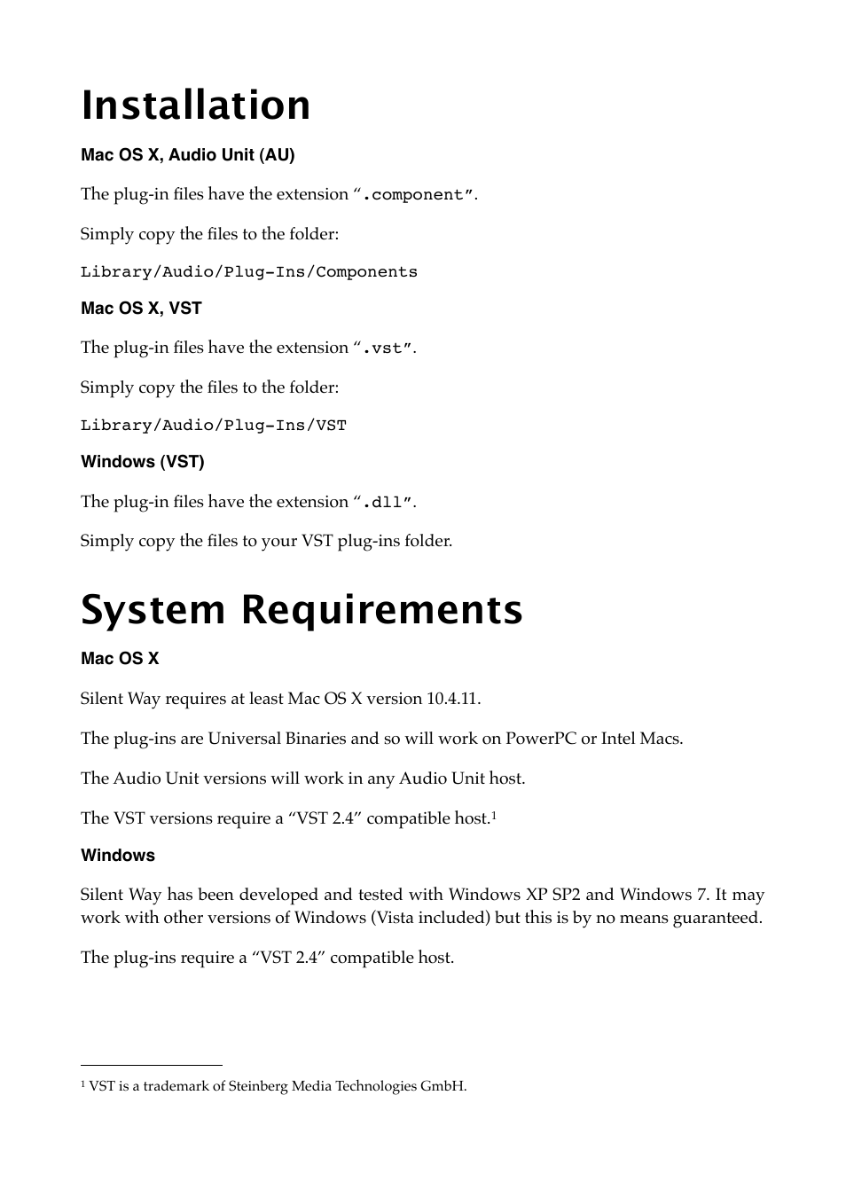 Installation, Mac os x, audio unit (au), Mac os x, vst | Windows (vst), System requirements, Mac os x, Windows | Expert Sleepers Silent Way ES-4 Controller v1.7.2 User Manual | Page 8 / 22