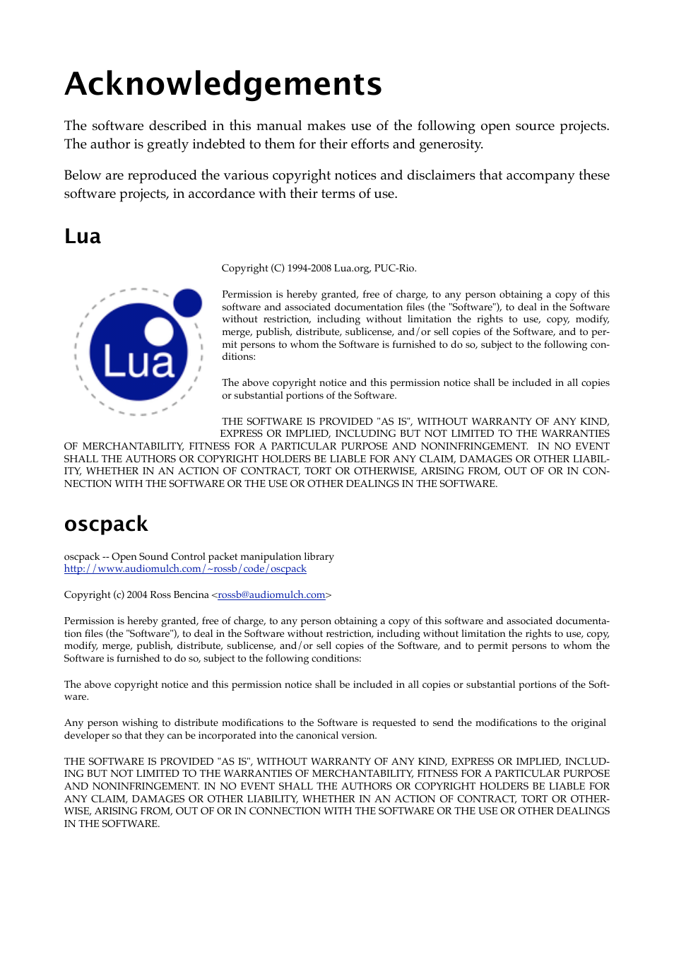 Acknowledgements, Oscpack | Expert Sleepers OSC Control v1.0.0 User Manual | Page 10 / 10