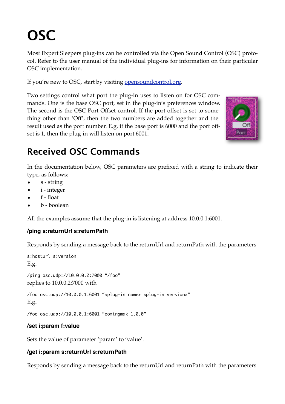 Received osc commands, Ping s:returnurl s:returnpath, Set i:param f:value | Get i:param s:returnurl s:returnpath | Expert Sleepers OSC Control v1.0.0 User Manual | Page 4 / 10