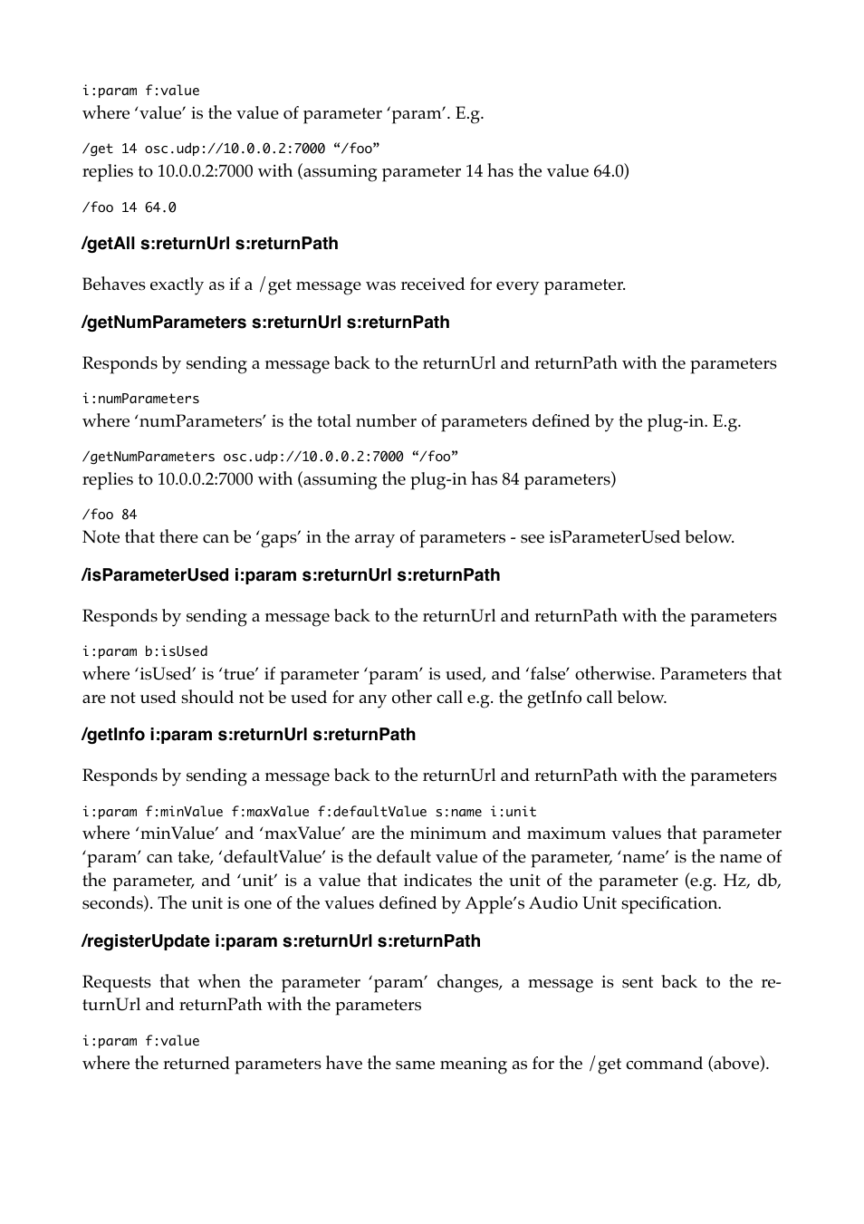 Getall s:returnurl s:returnpath, Getnumparameters s:returnurl s:returnpath, Isparameterused i:param s:returnurl s:returnpath | Getinfo i:param s:returnurl s:returnpath, Registerupdate i:param s:returnurl s:returnpath | Expert Sleepers OSC Control v1.0.0 User Manual | Page 5 / 10