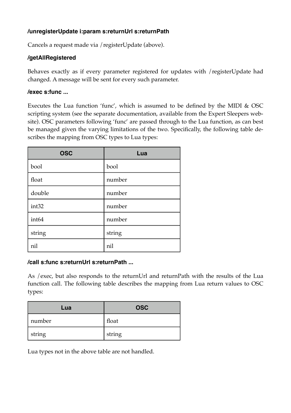 Unregisterupdate i:param s:returnurl s:returnpath, Getallregistered, Exec s:func | Call s:func s:returnurl s:returnpath | Expert Sleepers OSC Control v1.0.0 User Manual | Page 6 / 10