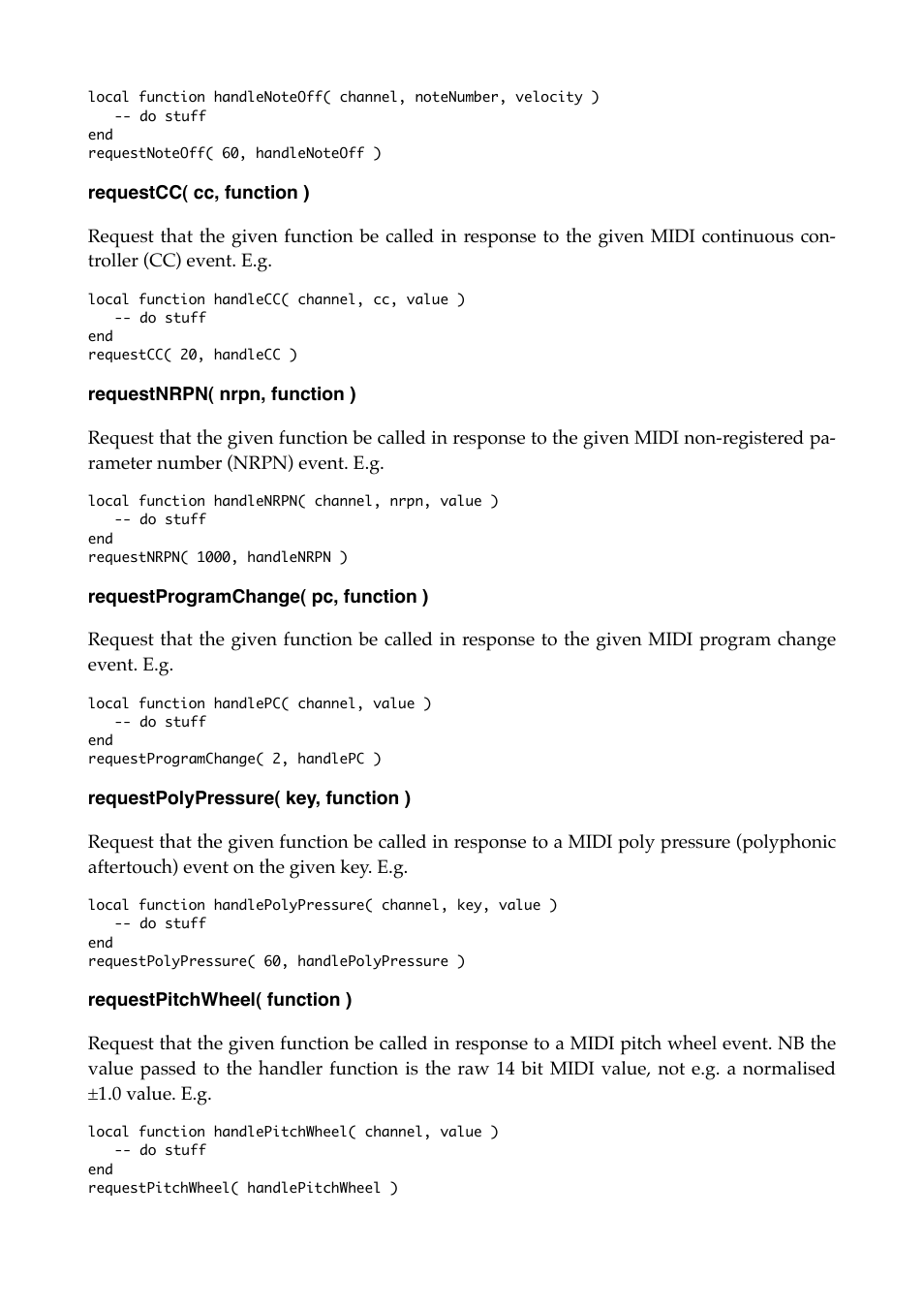 Requestcc( cc, function ), Requestnrpn( nrpn, function ), Requestprogramchange( pc, function ) | Requestpolypressure( key, function ), Requestpitchwheel( function ) | Expert Sleepers MIDI & OSC Scripting v1.1.0 User Manual | Page 10 / 16