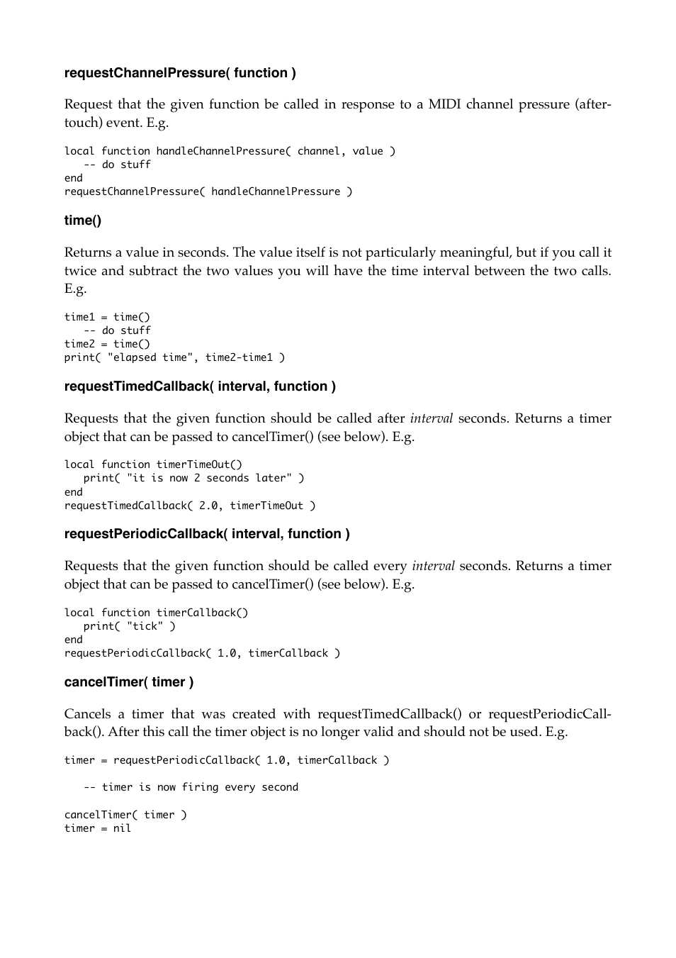 Requestchannelpressure( function ), Time(), Requesttimedcallback( interval, function ) | Requestperiodiccallback( interval, function ), Canceltimer( timer ) | Expert Sleepers MIDI & OSC Scripting v1.1.0 User Manual | Page 11 / 16