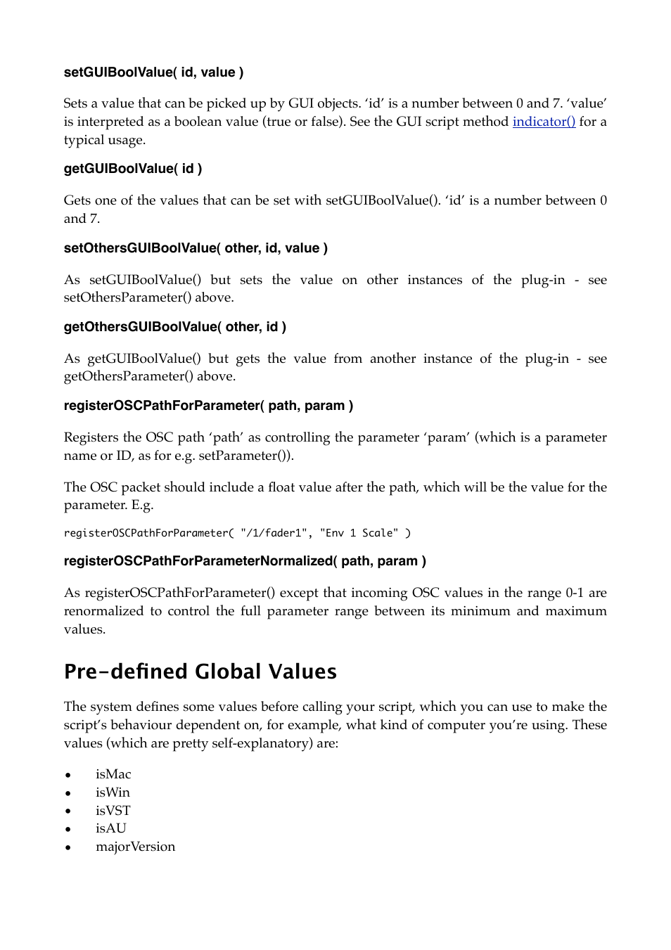 Setguiboolvalue( id, value ), Getguiboolvalue( id ), Setothersguiboolvalue( other, id, value ) | Getothersguiboolvalue( other, id ), Registeroscpathforparameter( path, param ), Pre-defined global values | Expert Sleepers MIDI & OSC Scripting v1.1.0 User Manual | Page 12 / 16