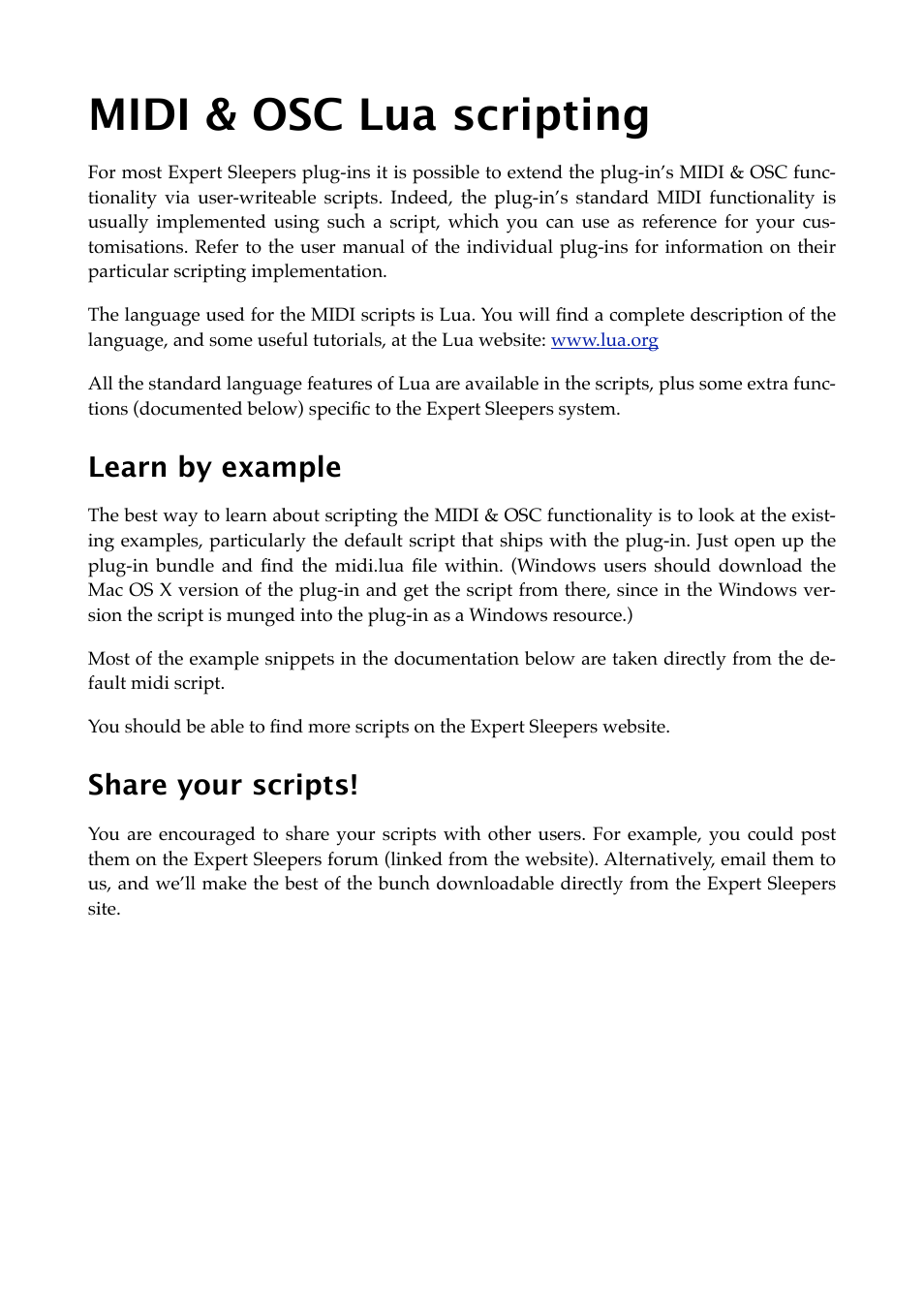 Midi & osc lua scripting, Learn by example, Share your scripts | Expert Sleepers MIDI & OSC Scripting v1.1.0 User Manual | Page 5 / 16