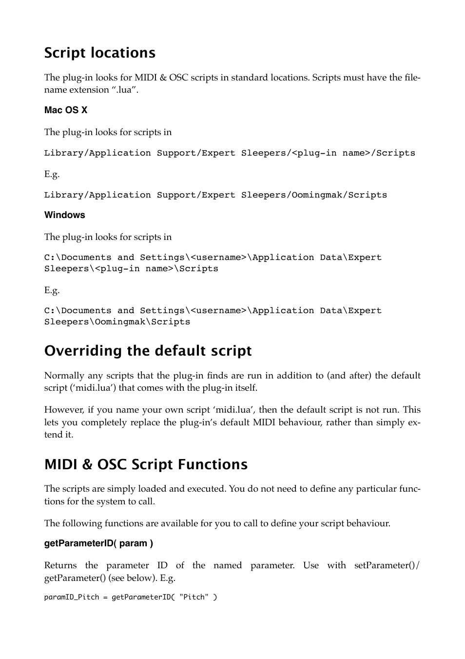 Script locations, Mac os x, Windows | Overriding the default script, Midi & osc script functions, Getparameterid( param ) | Expert Sleepers MIDI & OSC Scripting v1.1.0 User Manual | Page 6 / 16