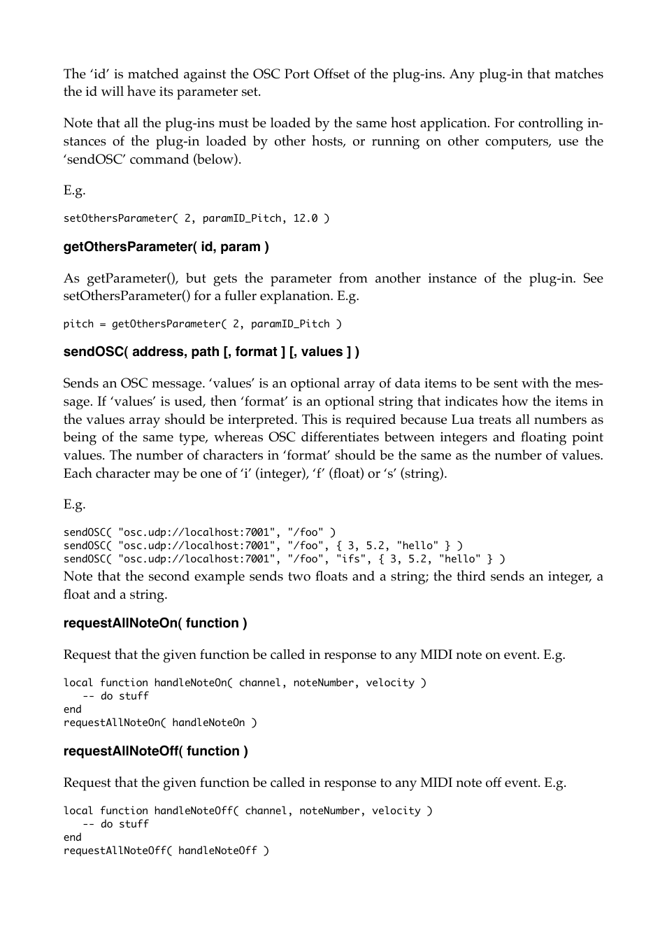 Getothersparameter( id, param ), Sendosc( address, path [, format ] [, values ] ), Requestallnoteon( function ) | Requestallnoteoff( function ) | Expert Sleepers MIDI & OSC Scripting v1.1.0 User Manual | Page 8 / 16
