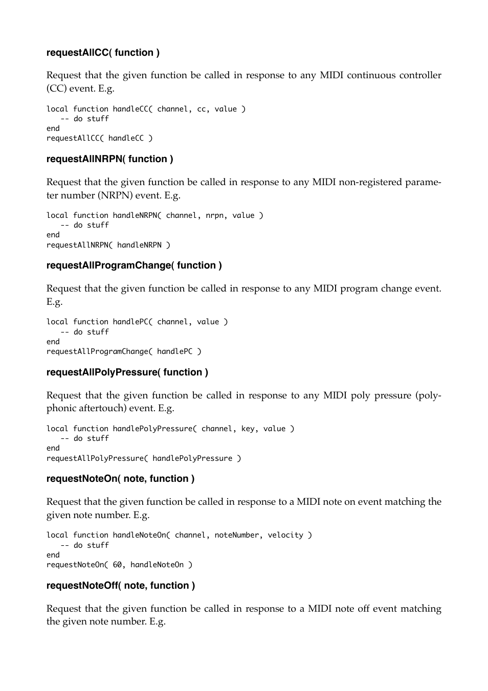 Requestallcc( function ), Requestallnrpn( function ), Requestallprogramchange( function ) | Requestallpolypressure( function ), Requestnoteon( note, function ), Requestnoteoff( note, function ) | Expert Sleepers MIDI & OSC Scripting v1.1.0 User Manual | Page 9 / 16