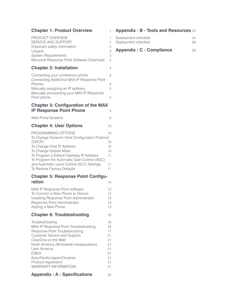 Chapter 1: product overview, Chapter 2: installation, Chapter 4: user options | Chapter 5: response point configu- ration, Chapter 6: troubleshooting, Appendix : a - specifications, Appendix : b - tools and resources, Appendix : c - compliance | ClearOne comm IP Response Point User Manual | Page 3 / 34