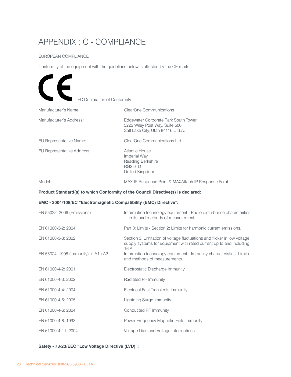 Appendix : c - compliance | ClearOne comm IP Response Point User Manual | Page 32 / 34