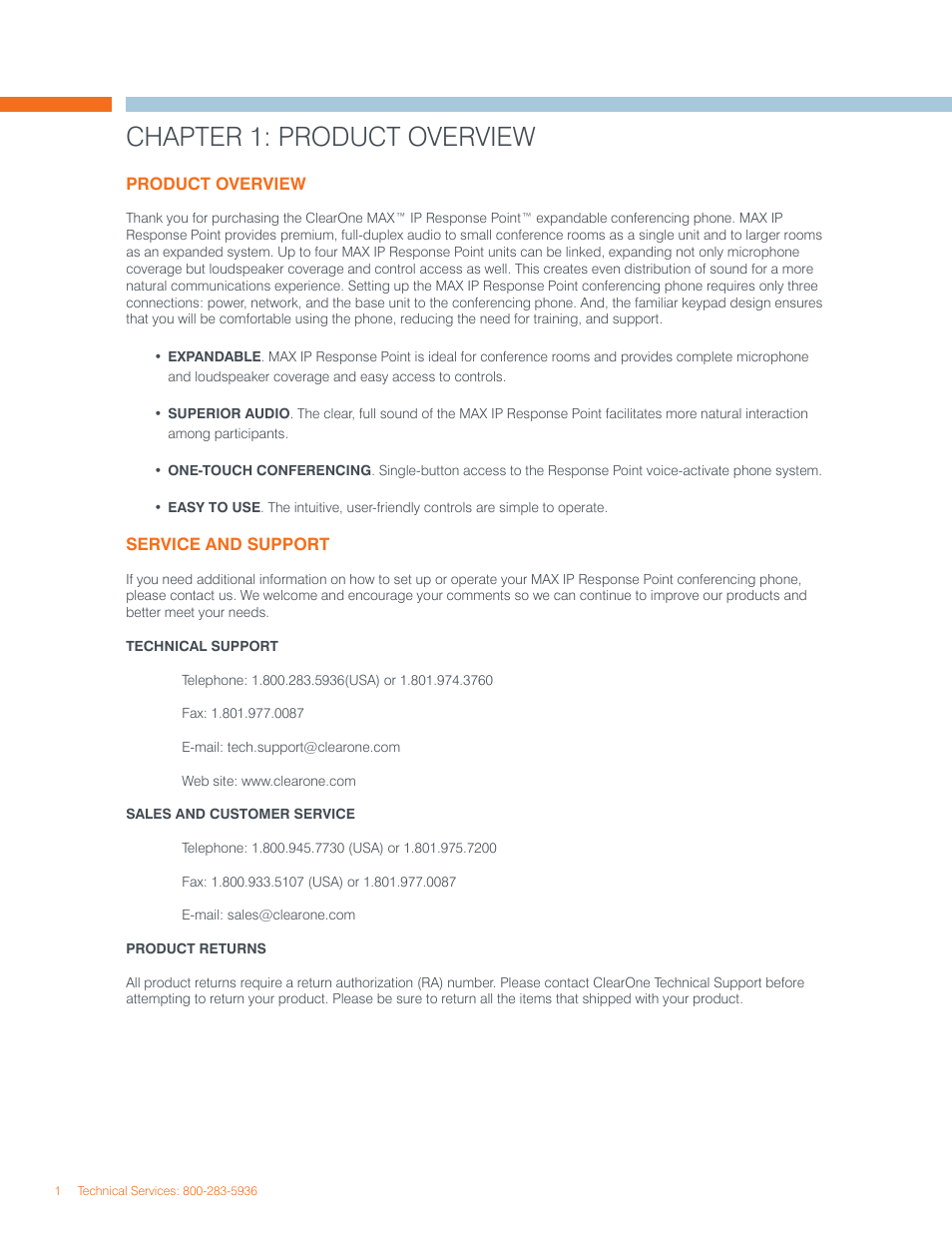 Chapter 1: product overview | ClearOne comm IP Response Point User Manual | Page 5 / 34