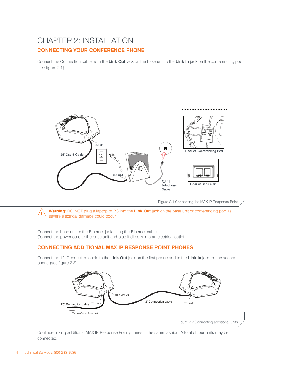 Chapter 2: installation, Connecting your conference phone, Connecting additional max ip response point phones | ClearOne comm IP Response Point User Manual | Page 8 / 34