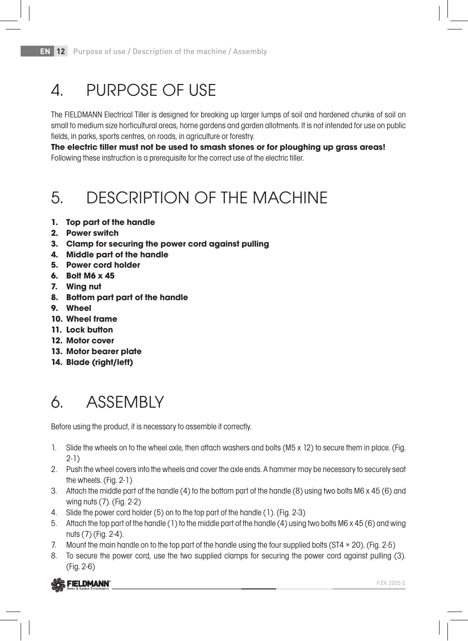 Purpose of use, Description of the machine, Assembly | Fieldmann FZK 2005-E User Manual | Page 12 / 84