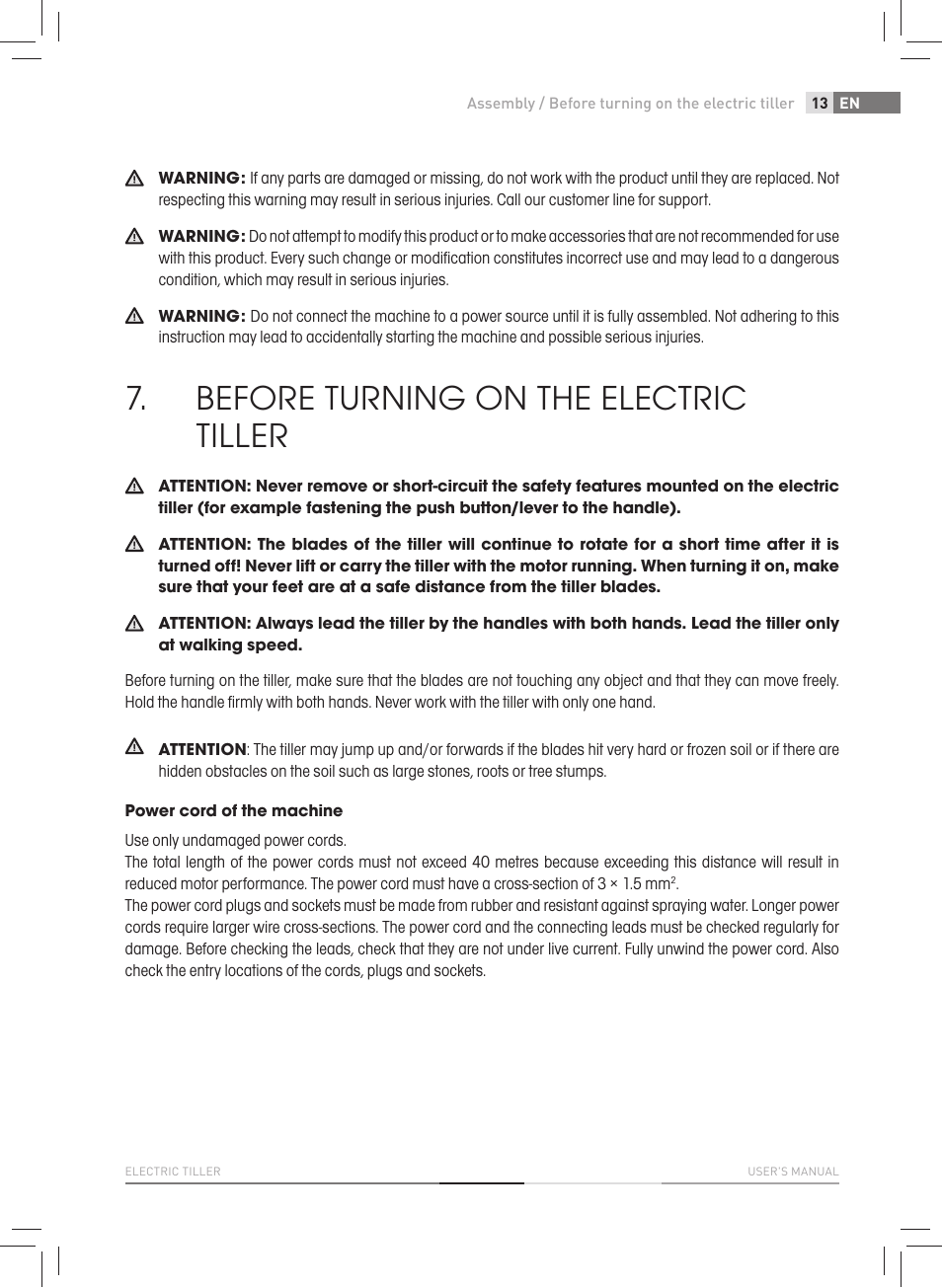 Before turning on the electric tiller | Fieldmann FZK 2005-E User Manual | Page 13 / 84