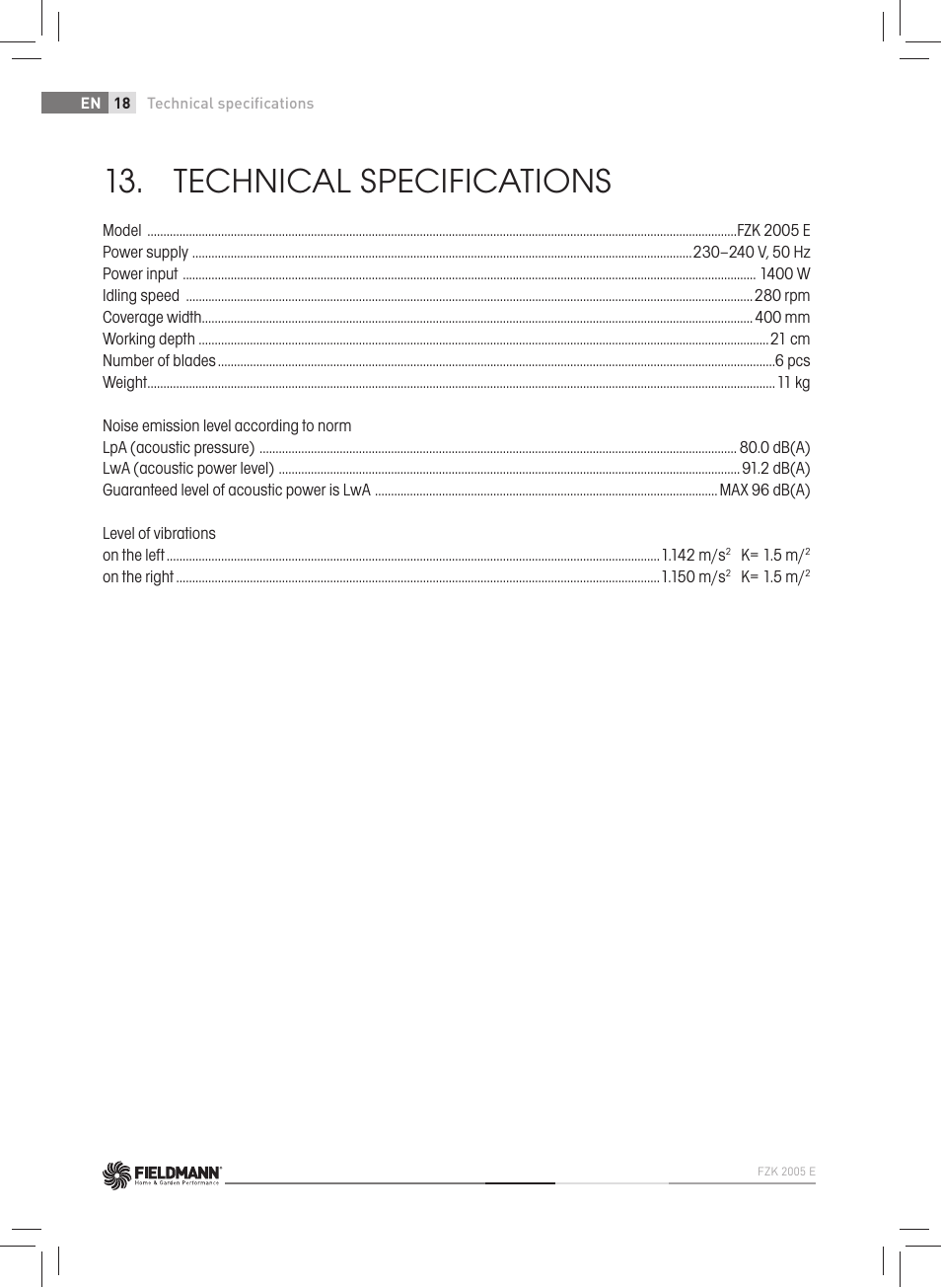 Technical specifications | Fieldmann FZK 2005-E User Manual | Page 18 / 84