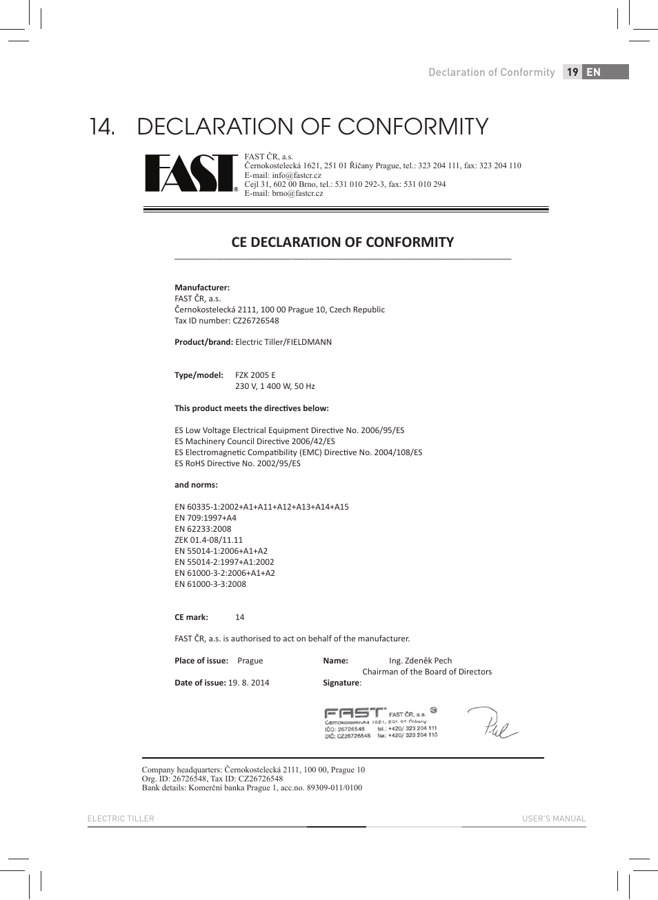 Declaration of conformity, Ce declaration of conformity | Fieldmann FZK 2005-E User Manual | Page 19 / 84