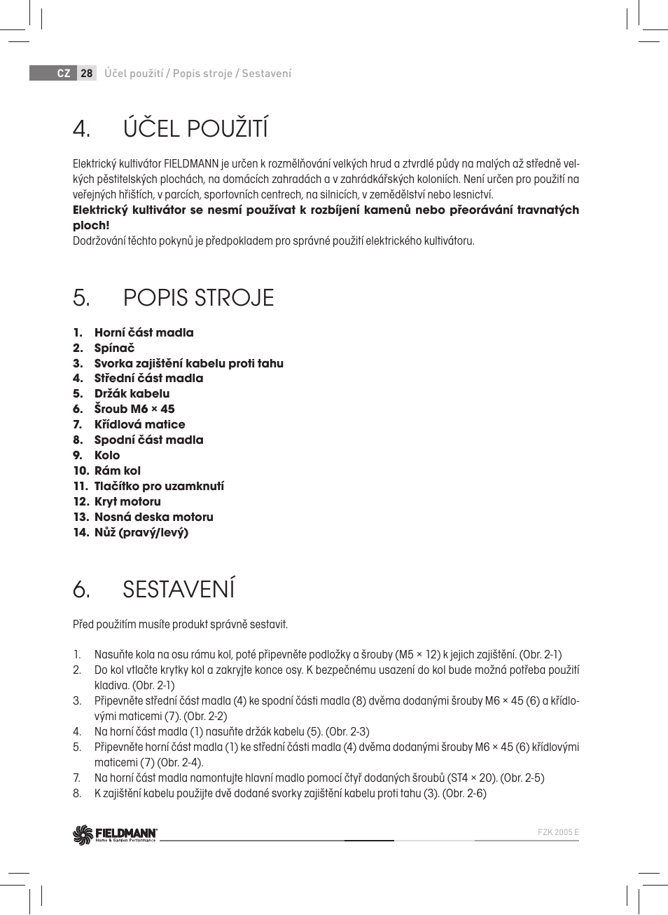 Účel použití, Popis stroje, Sestavení | Fieldmann FZK 2005-E User Manual | Page 28 / 84