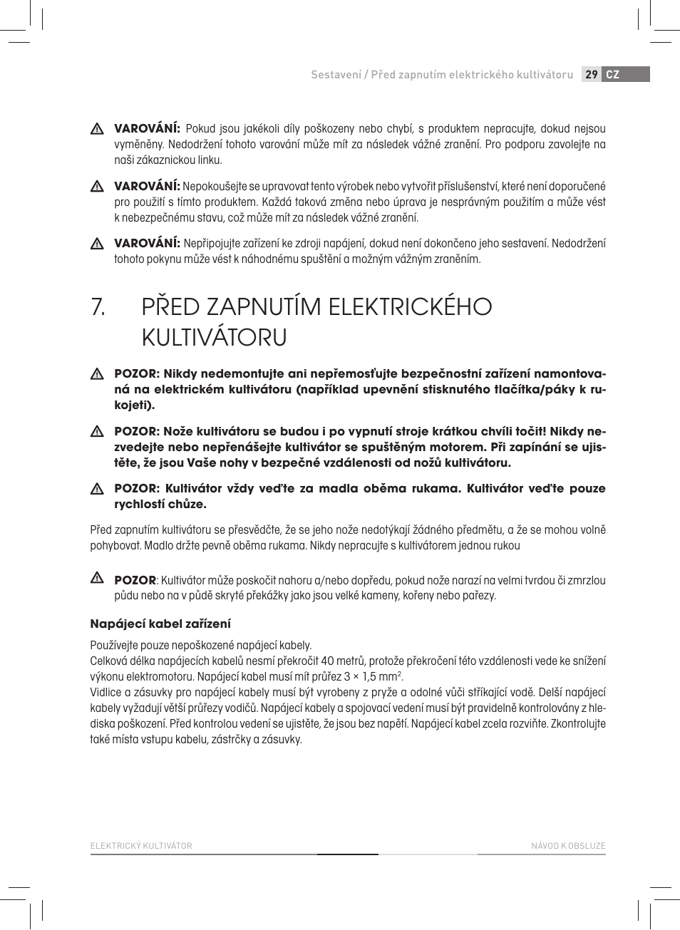 Před zapnutím elektrického kultivátoru | Fieldmann FZK 2005-E User Manual | Page 29 / 84