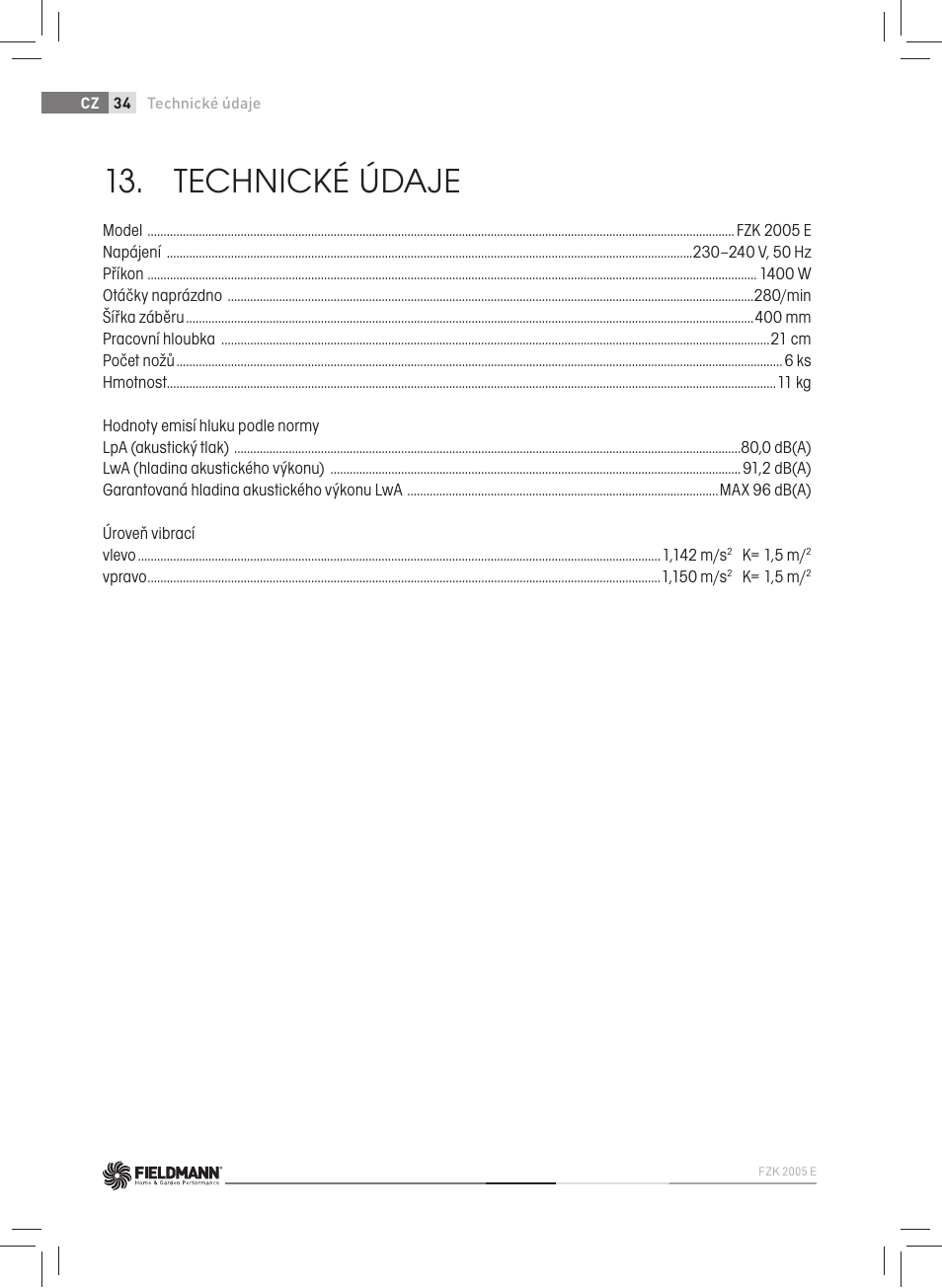 Technické údaje | Fieldmann FZK 2005-E User Manual | Page 34 / 84