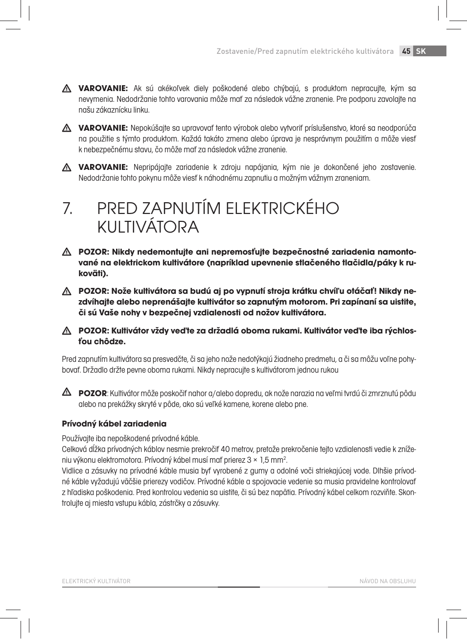 Pred zapnutím elektrického kultivátora | Fieldmann FZK 2005-E User Manual | Page 45 / 84