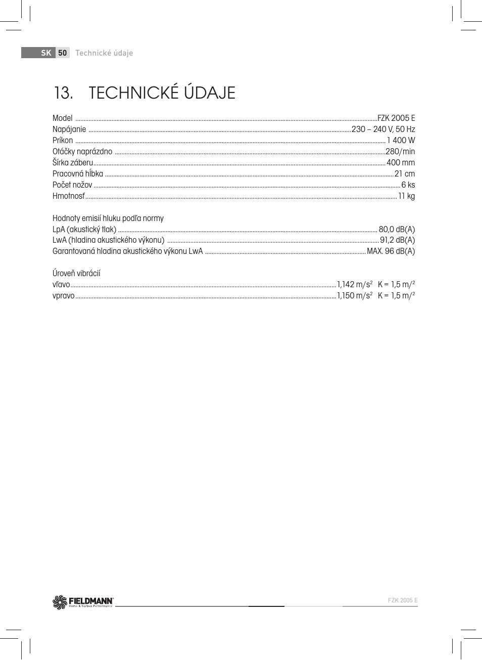 Technické údaje | Fieldmann FZK 2005-E User Manual | Page 50 / 84