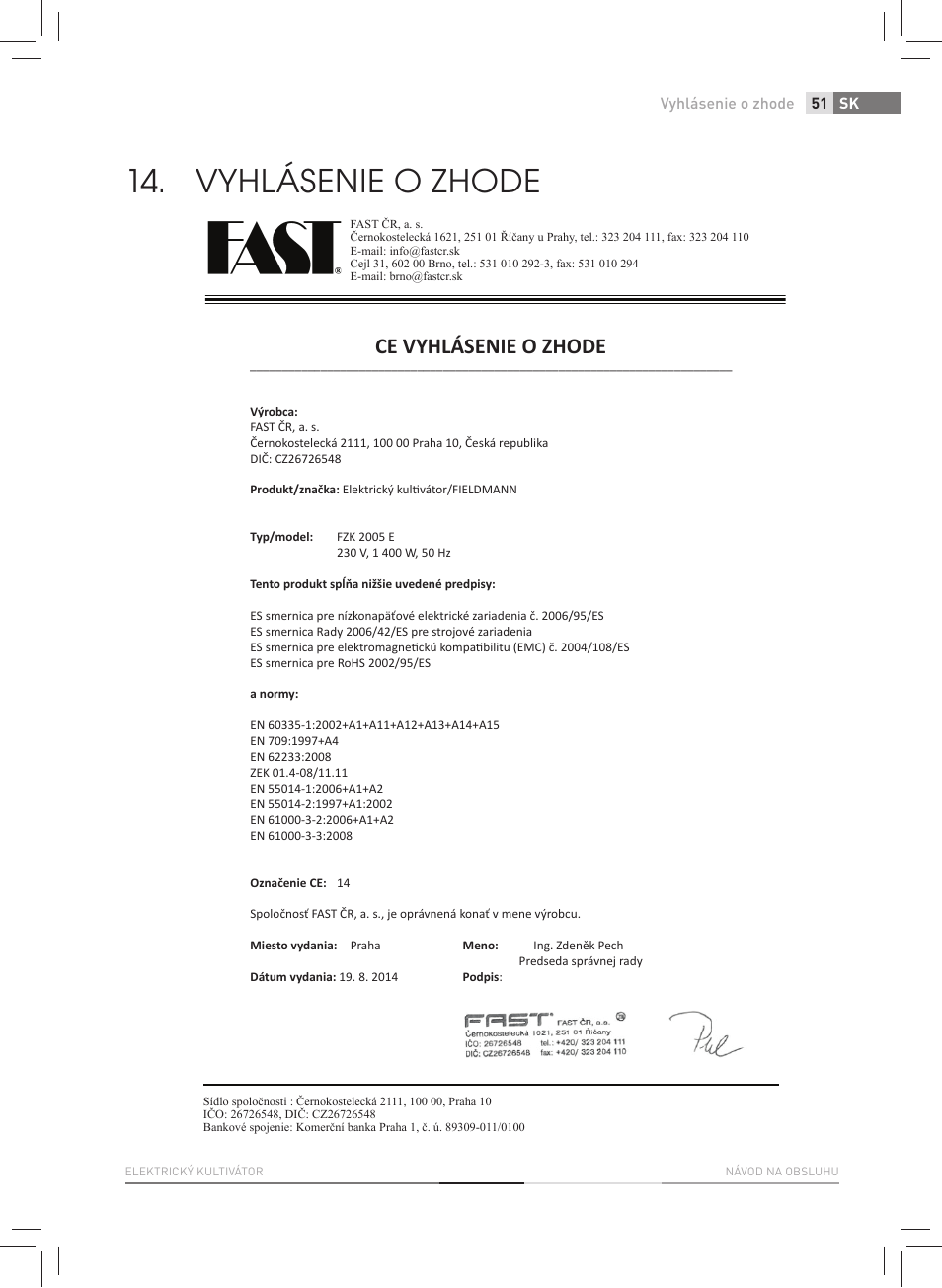 Vyhlásenie o zhode, Ce vyhlásenie o zhode | Fieldmann FZK 2005-E User Manual | Page 51 / 84