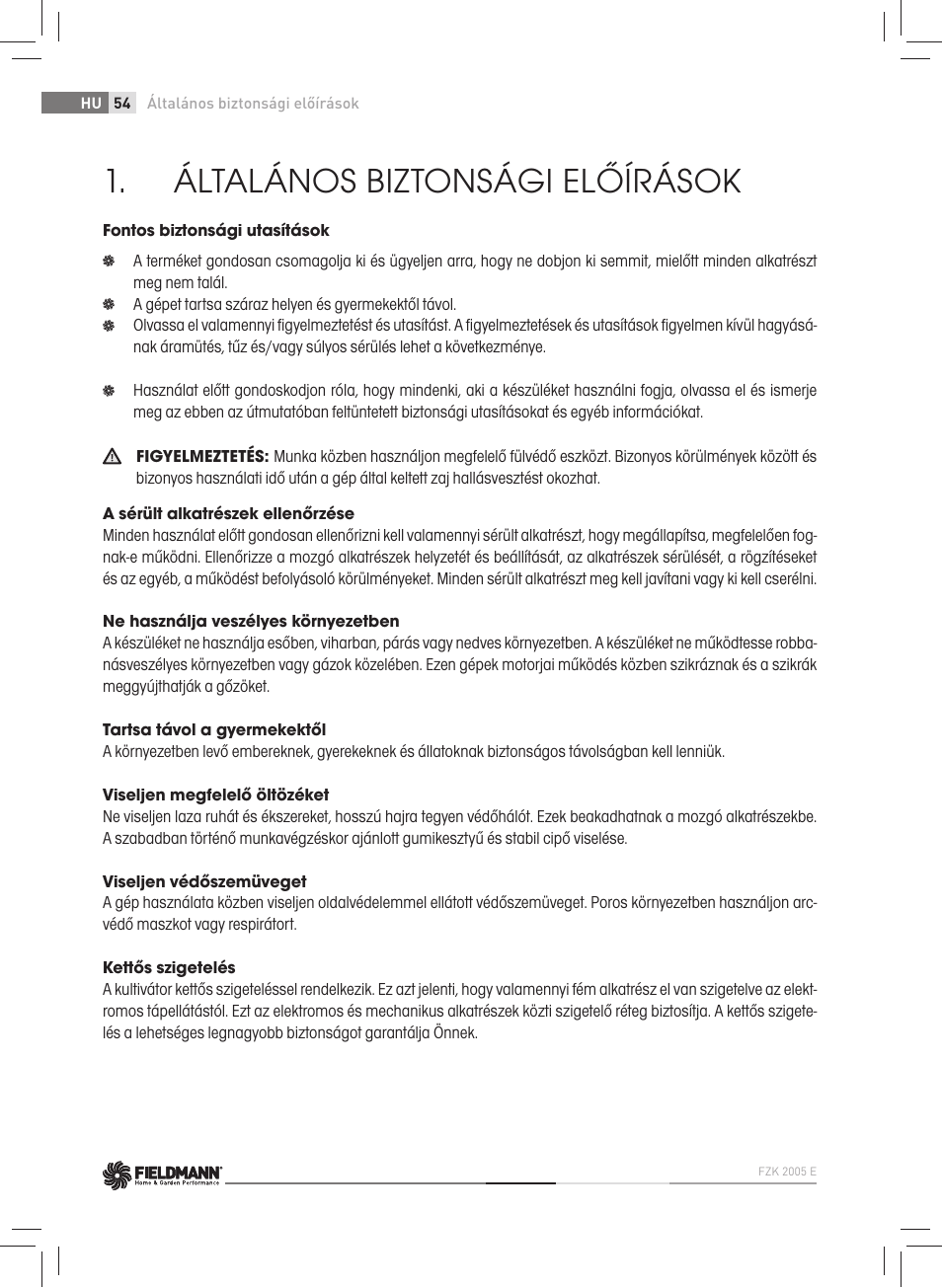 Általános biztonsági előírások | Fieldmann FZK 2005-E User Manual | Page 54 / 84