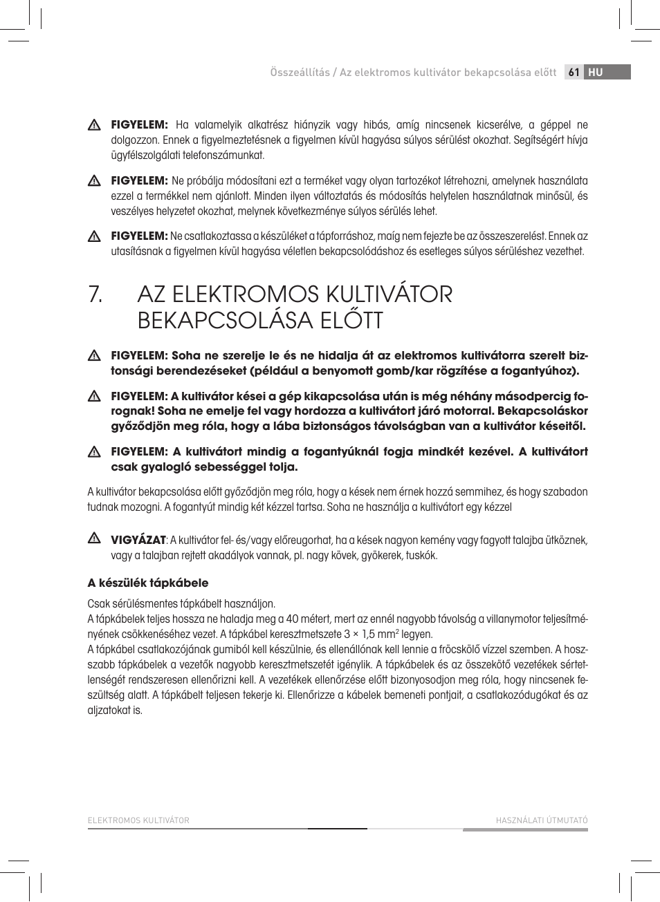 Az elektromos kultivátor bekapcsolása előtt | Fieldmann FZK 2005-E User Manual | Page 61 / 84