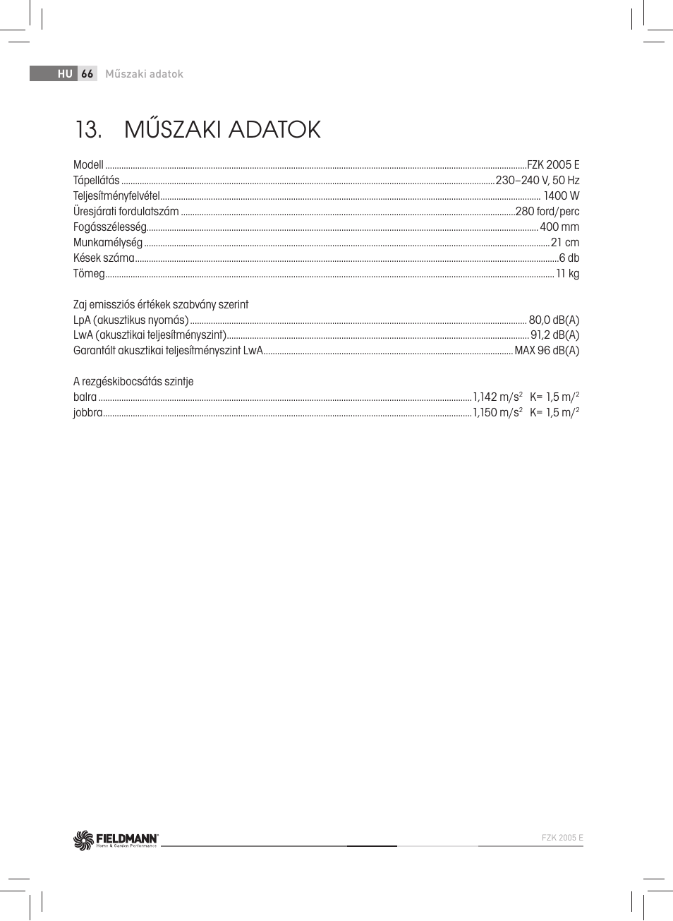 Műszaki adatok | Fieldmann FZK 2005-E User Manual | Page 66 / 84
