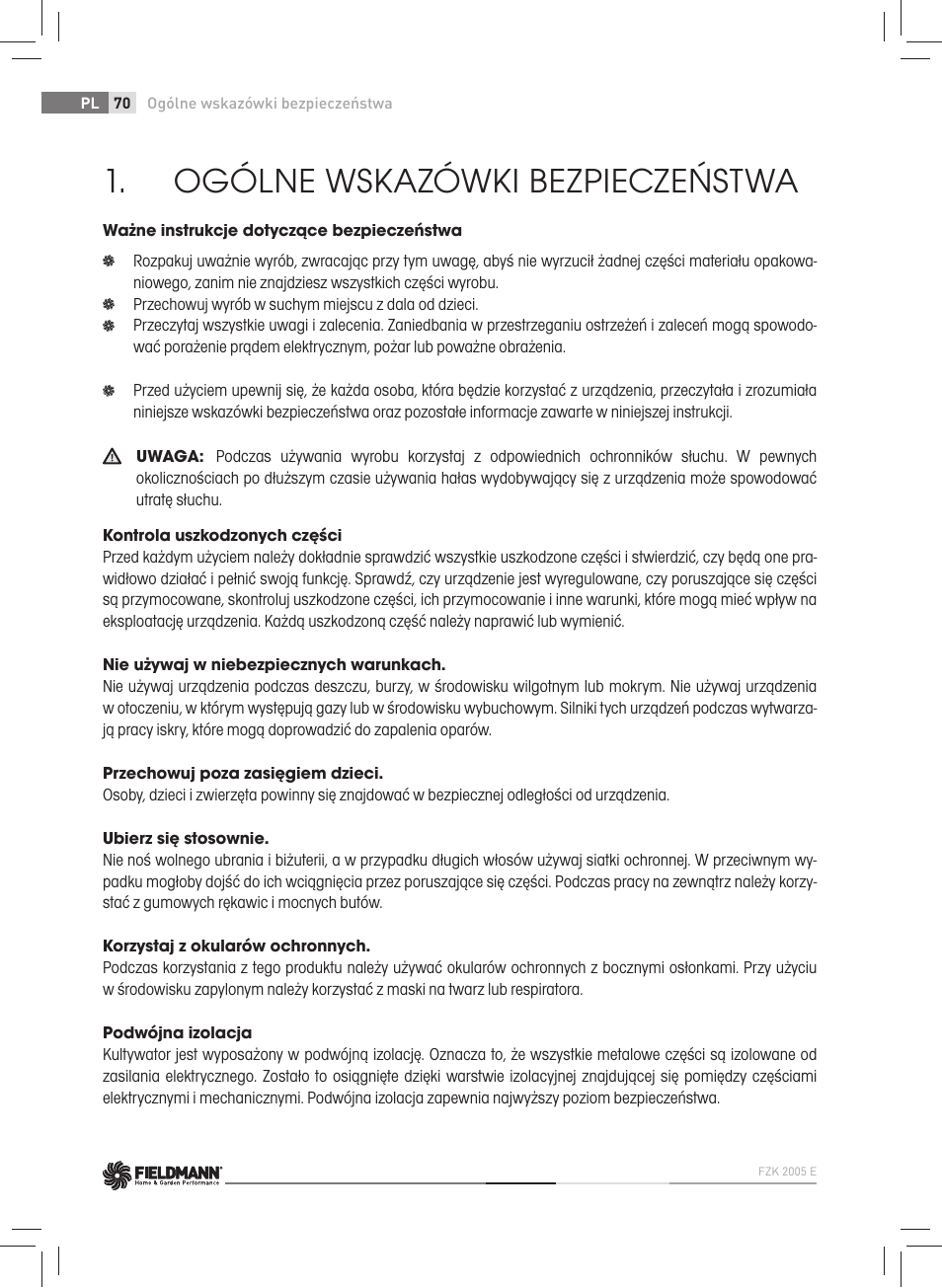 Ogólne wskazówki bezpieczeństwa | Fieldmann FZK 2005-E User Manual | Page 70 / 84