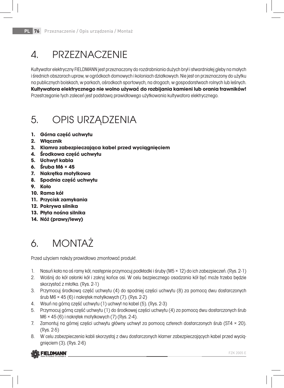 Przeznaczenie, Opis urządzenia, Montaż | Fieldmann FZK 2005-E User Manual | Page 76 / 84
