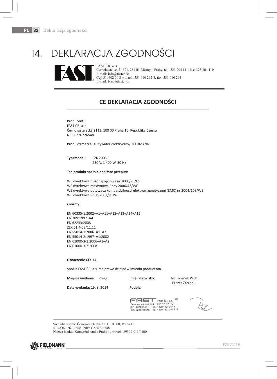 Deklaracja zgodności, Ce deklaracja zgodności | Fieldmann FZK 2005-E User Manual | Page 82 / 84