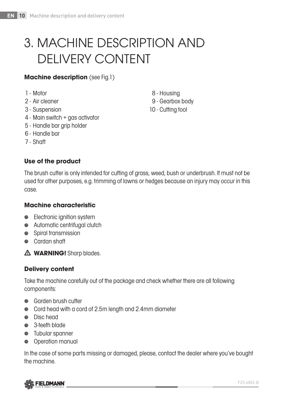 Machine description and delivery content | Fieldmann FZS 4003 B User Manual | Page 10 / 66