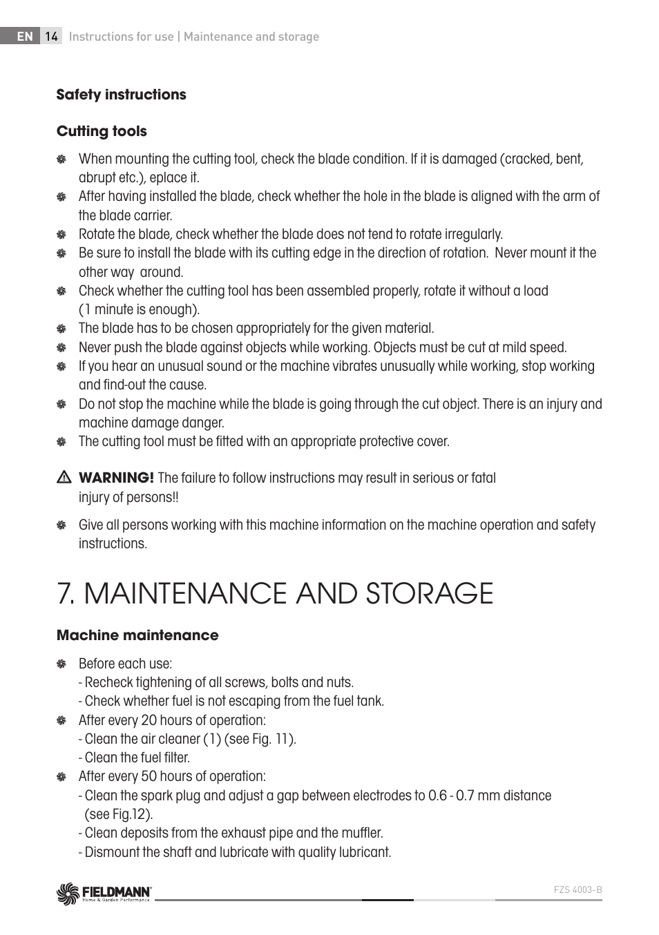 Maintenance and storage | Fieldmann FZS 4003 B User Manual | Page 14 / 66