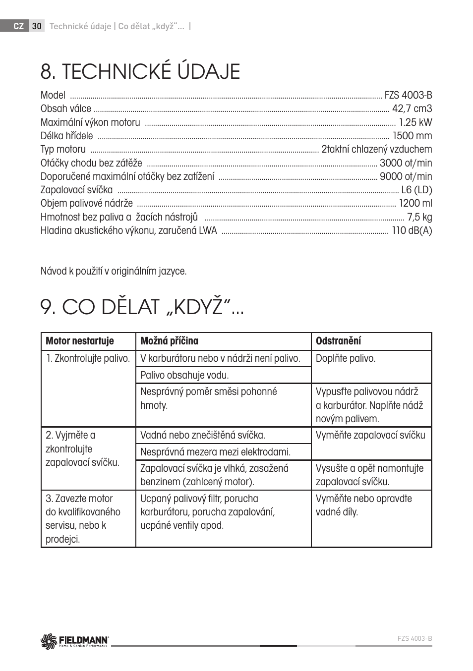 Technické údaje, Co dělat „když | Fieldmann FZS 4003 B User Manual | Page 30 / 66