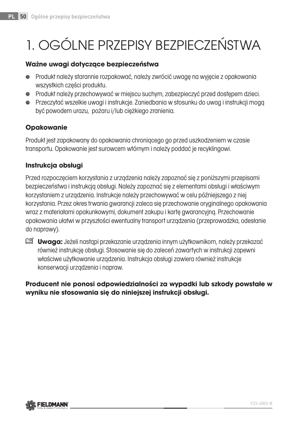 Ogólne przepisy bezpieczeństwa | Fieldmann FZS 4003 B User Manual | Page 50 / 66
