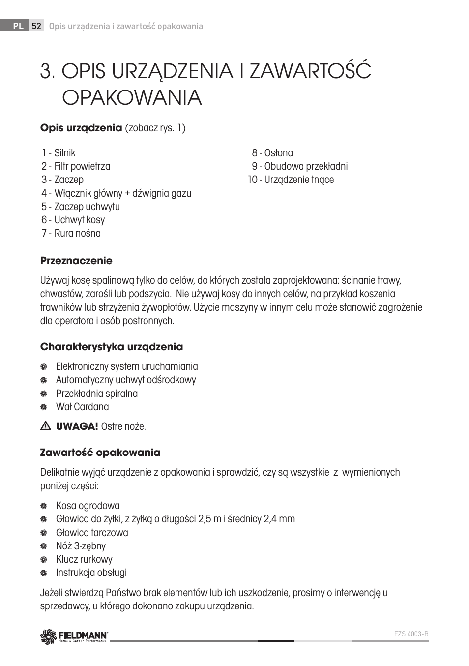 Opis urządzenia i zawartość opakowania | Fieldmann FZS 4003 B User Manual | Page 52 / 66