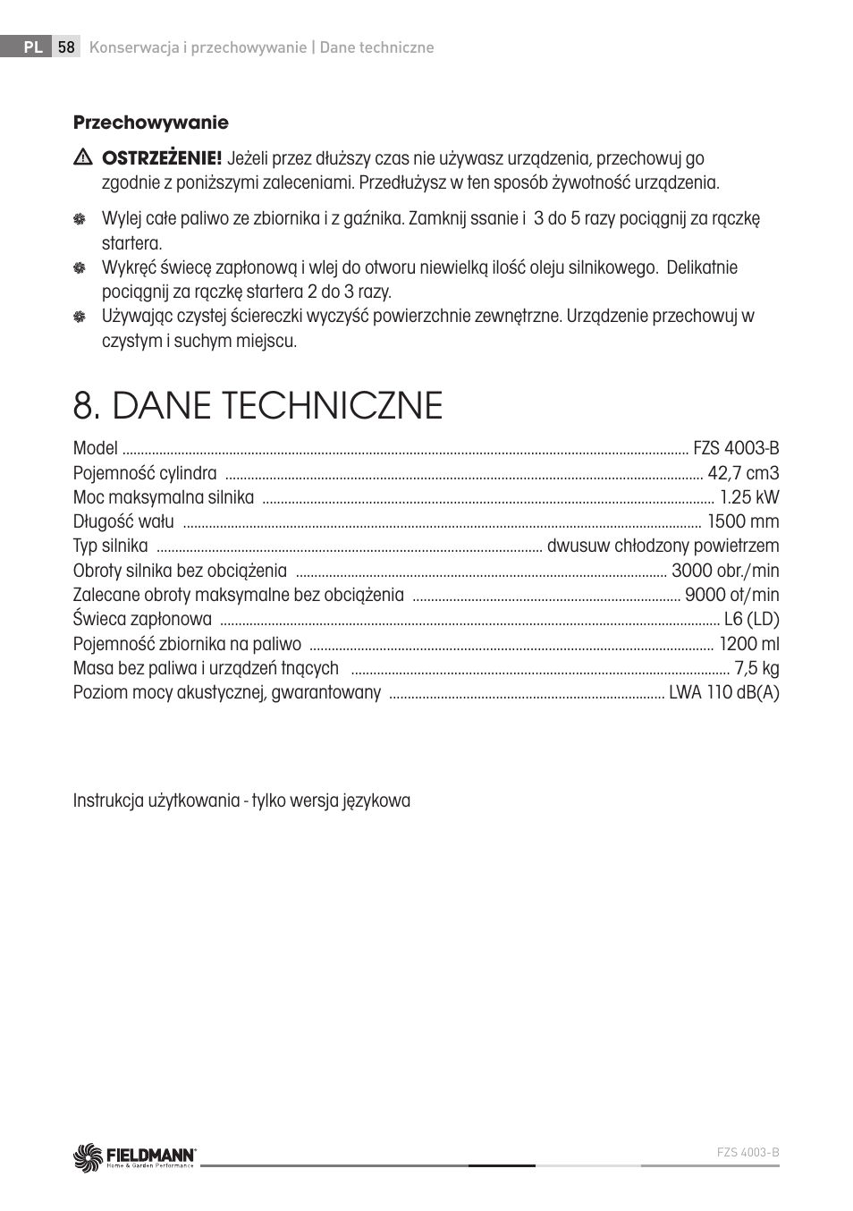 Dane techniczne | Fieldmann FZS 4003 B User Manual | Page 58 / 66